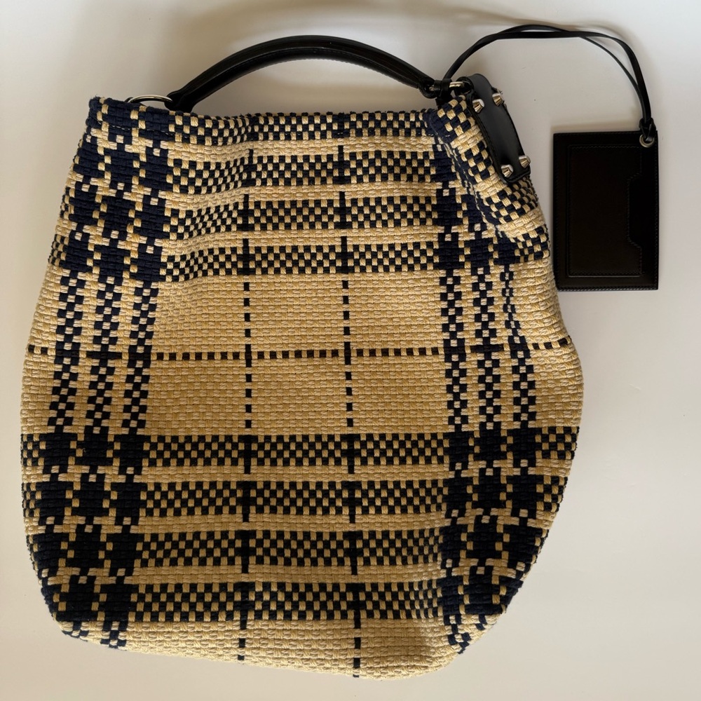 ‼️SOLD‼️ BALENCIAGA S/S 2007 Cream and Navy Blue Plaid Raffia Woven Hobo Bag